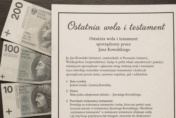 widać dokument zatytułowany „Ostatnia wola i testament”, leżący na drewnianym blacie. Spod dokumentu wystają polskie banknoty o nominałach 10, 100 i 200 zł, co symbolicznie nawiązuje do spraw spadkowych i dziedziczenia majątku. Dokument zawiera przykładową treść testamentu w języku polskim, z danymi fikcyjnej osoby zamieszkałej w Poznaniu, województwie wielkopolskim.