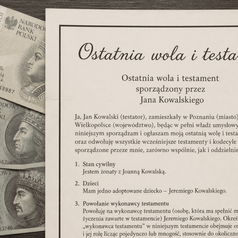widać dokument zatytułowany „Ostatnia wola i testament”, leżący na drewnianym blacie. Spod dokumentu wystają polskie banknoty o nominałach 10, 100 i 200 zł, co symbolicznie nawiązuje do spraw spadkowych i dziedziczenia majątku. Dokument zawiera przykładową treść testamentu w języku polskim, z danymi fikcyjnej osoby zamieszkałej w Poznaniu, województwie wielkopolskim.